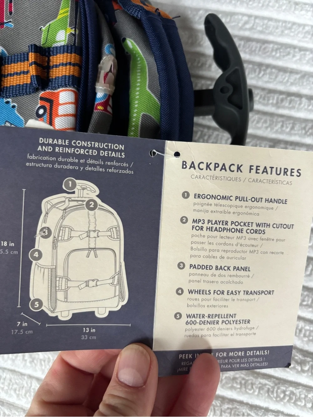 Pottery Barn for Kids Rolling Backpack - Grey with Multi-Vehicle print
